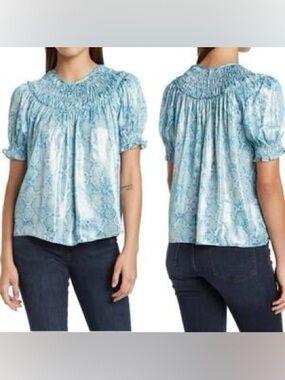 Current Air Light Blue Snake-Print Smocked Neck Blouse